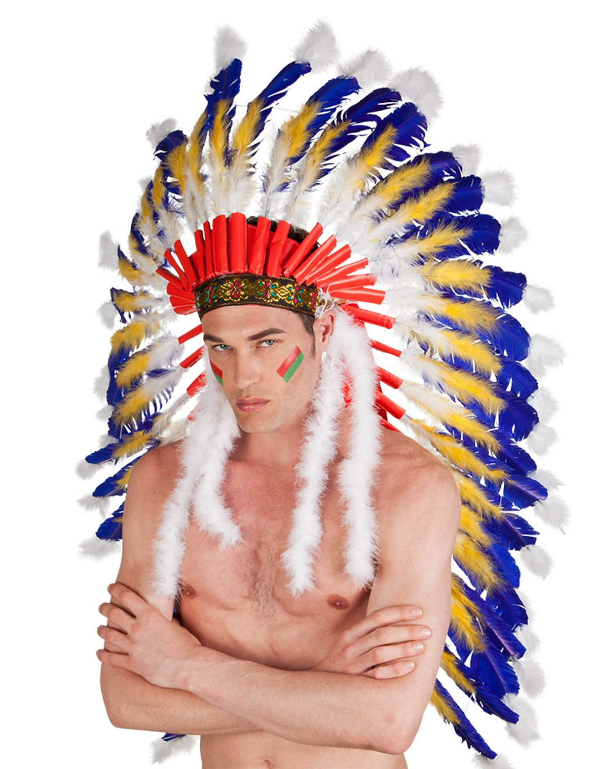 Indianer-Häuptlingskopfschmuck für Erwachsene blau gelb und weiß mit rotem Stirnband