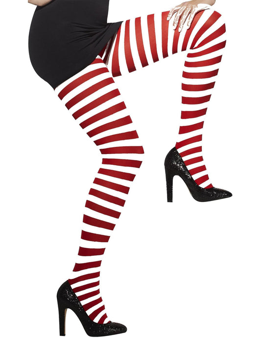 Vue de profil des collants rayés pour femme rouge et blanc