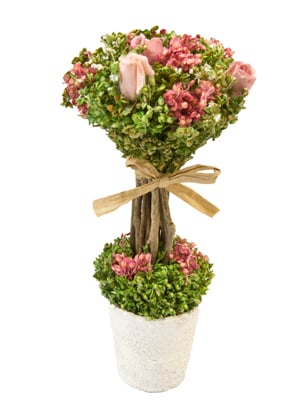 Vue de face de la composition de fleurs séchées et roses pour décoration