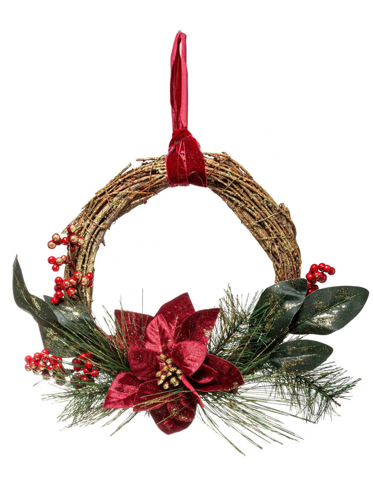 Hängender Kranz mit roten und Farbe Gold Weihnachtsstern-Blumen, mit Laub und Beeren