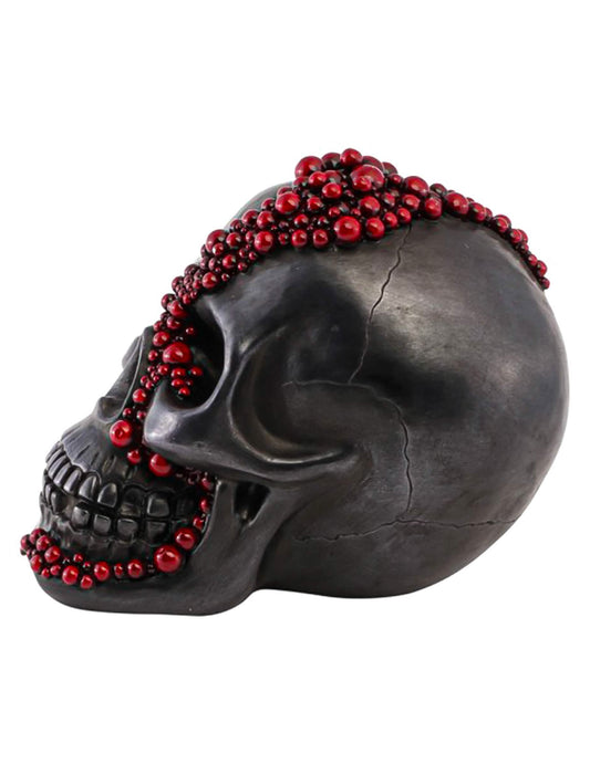 Deko-Schädel aus schwarzem Resin mit roten Perlen 15 x 23 x 18 cm