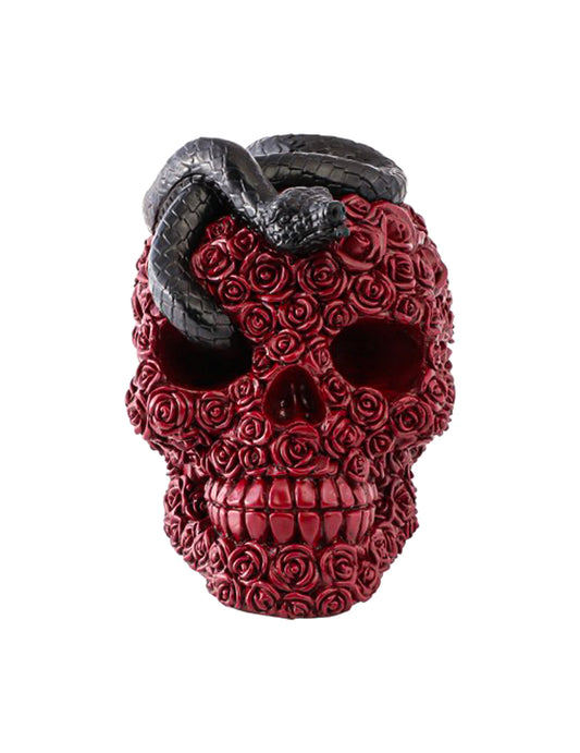 Deko-Totenkopf mit roten Rosen und Schlange (10,5 x 15 x 13 cm)