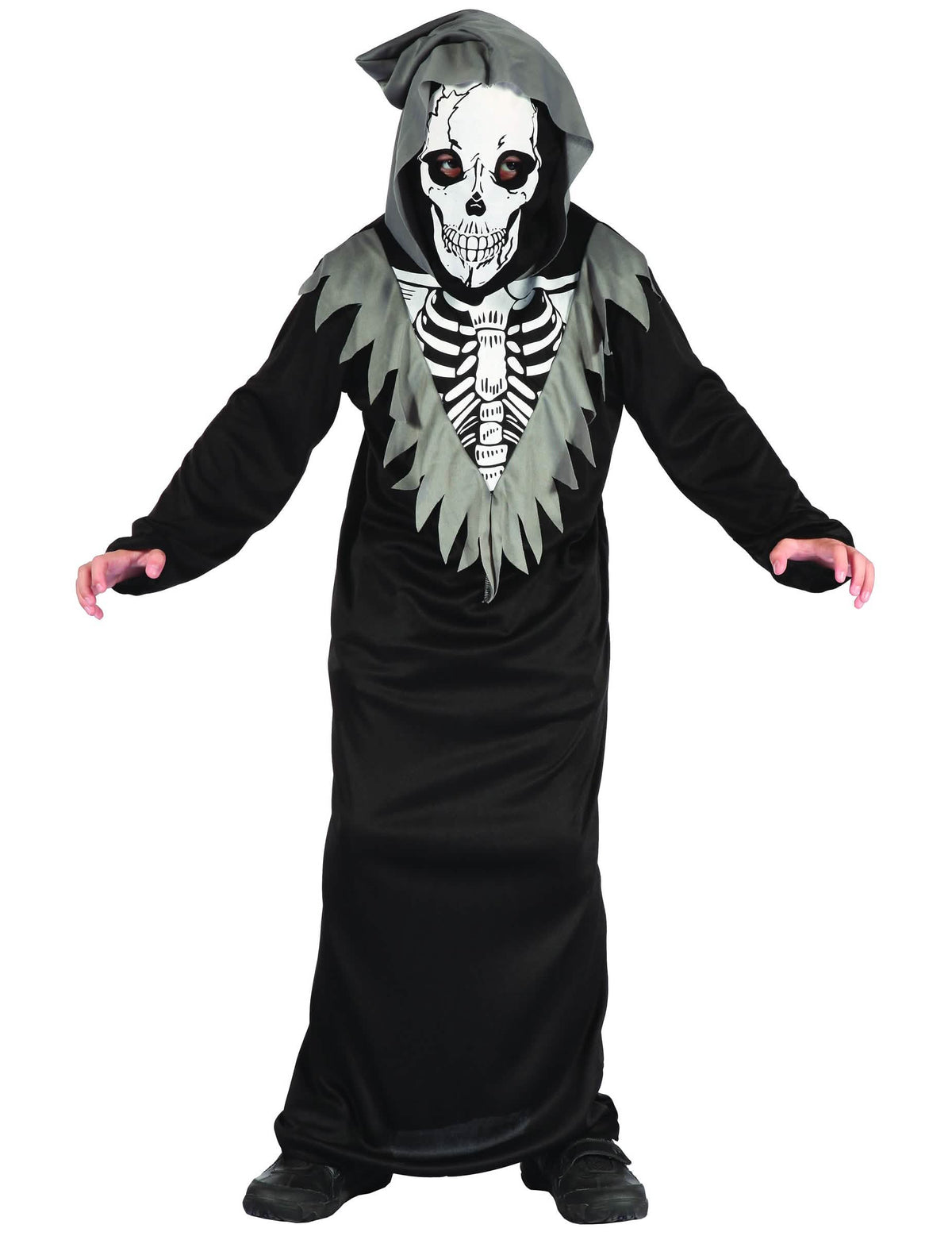 Skelett-Sensenmann-Kostüm für Jungen in Schwarz und Farbe Grau mit Totenkopfmaske