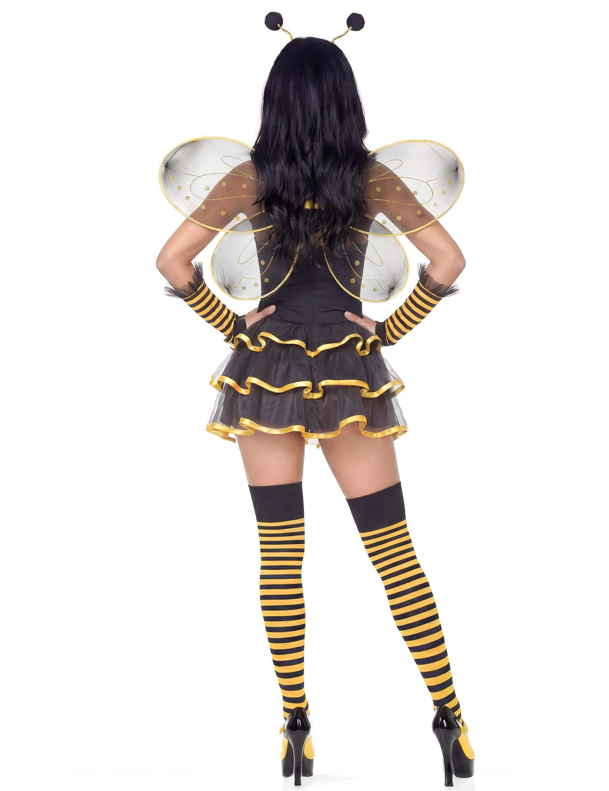 Sexy-Bienenkostüm für Damen in Schwarz und Gelb, von hinten mit Flügeln und gestreiften Strümpfen