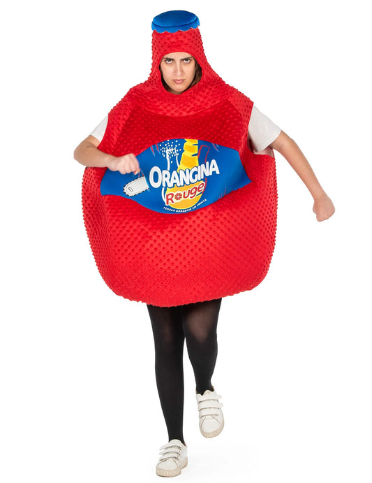 Vue de face en mouvement du déguisement bouteille d'orangina rouge