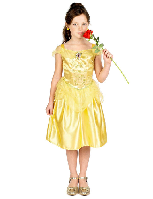 Vue de face avec rose du déguisement classique Belle pour fille