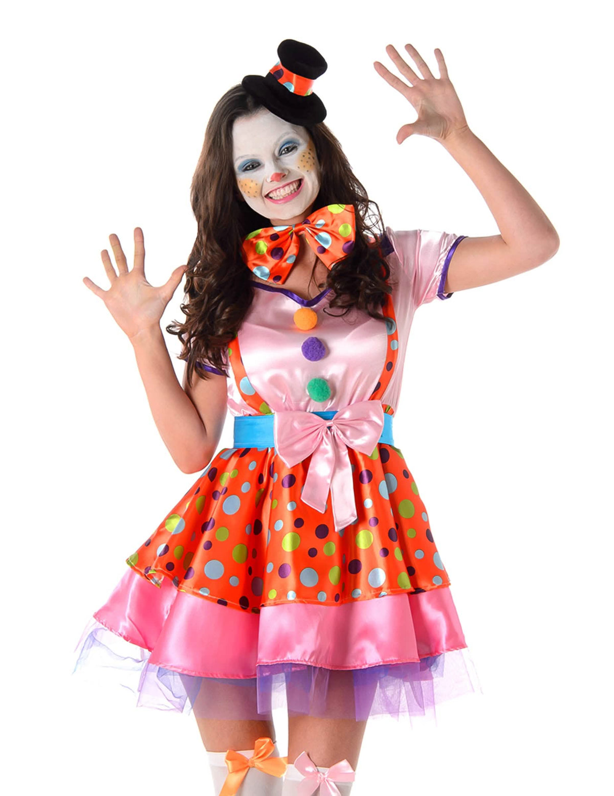 Vorderansicht des Bunt gepunkteten Clown-Kostüms für Damen