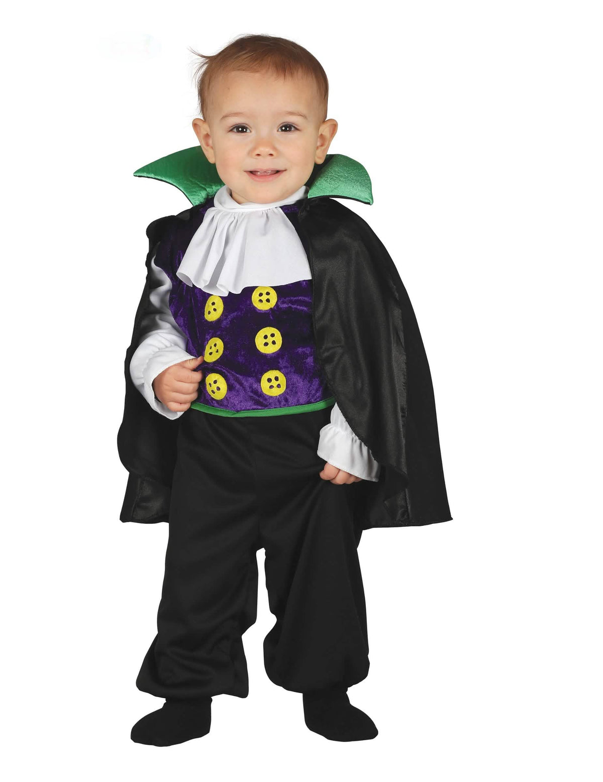 Kombinationskostüm kleiner Vampirgraf für Baby Schwarz Violett und Grün mit gelben Knöpfen