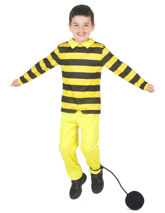 Vorderansicht mit Fußfessel des Lucky Luke Dalton-Kostüms für Kinder