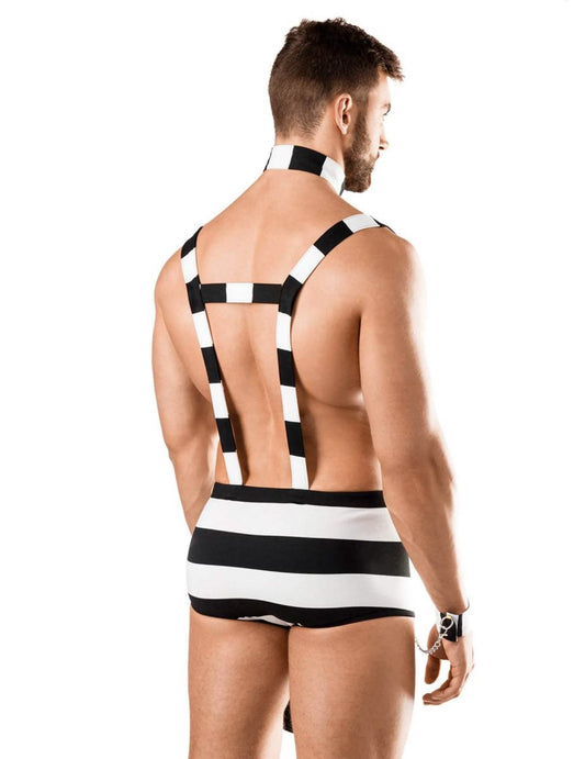 Vue de dos des bretelles et du boxer du déguisement de prisonnier sexy luxe pour homme