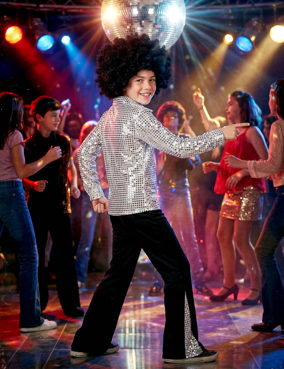 Seitenansicht des Disco (70er)-Kostüms für Jungen Farbe Silber mit Pailletten