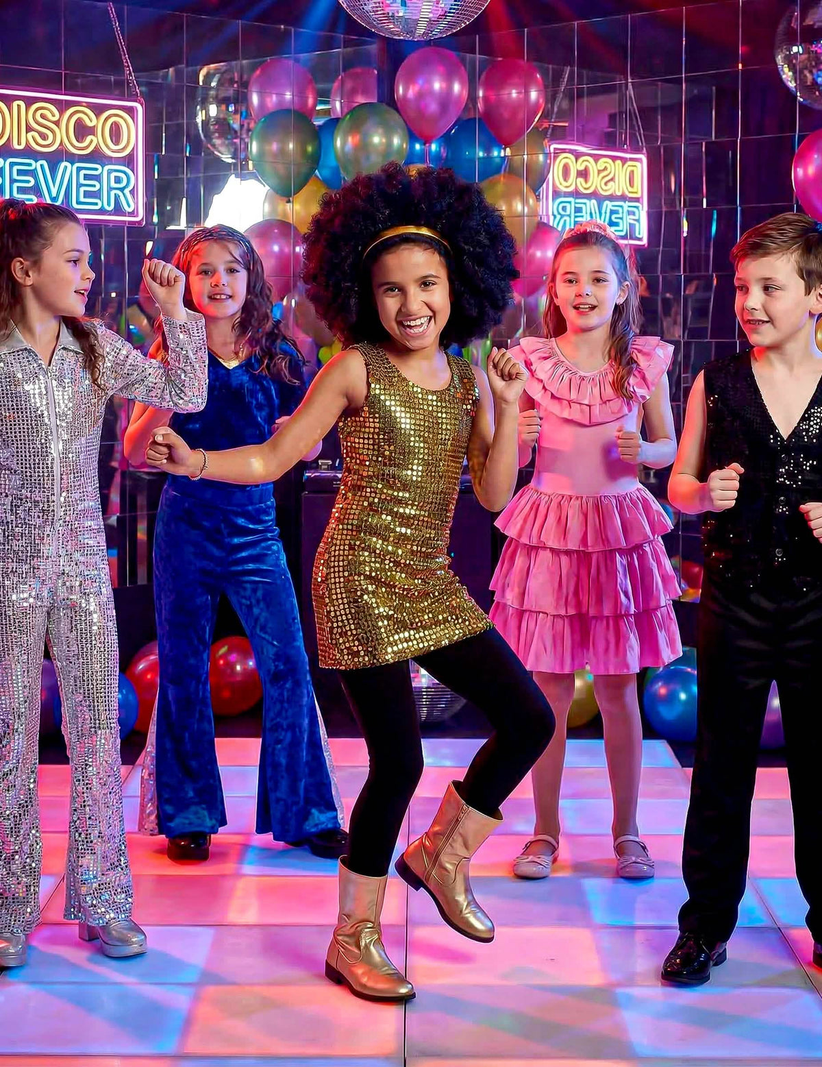 Mise en situation du déguisement disco paillettes pour fille or