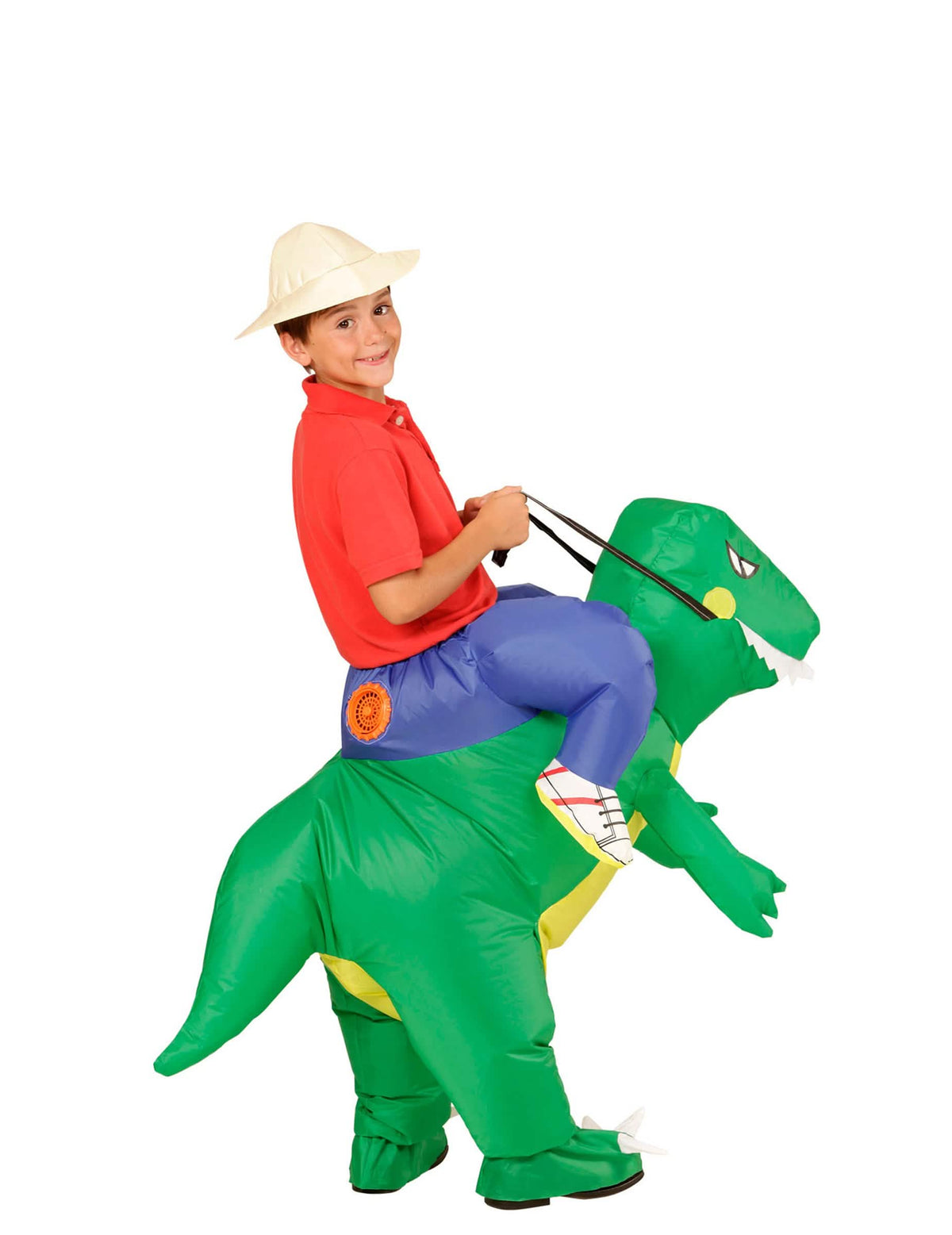 Rückansicht des Entdecker-Kostüms auf dem Rücken eines Dinosaurus für Kinder