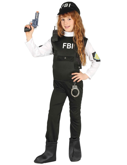 Vue d'ensemble avec accessoires du déguisement FBI pour enfant