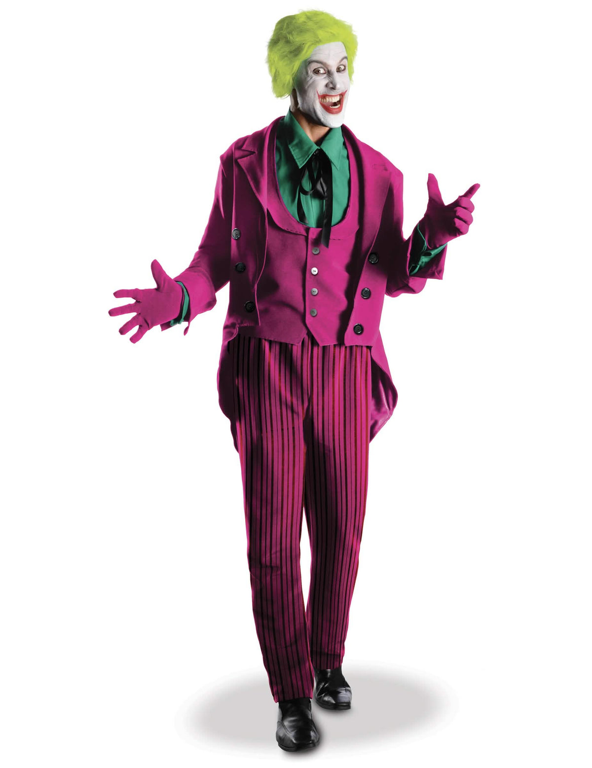 Joker-Erwachsenenkostüm aus großem Erbe in Violett und Grün mit gestreifter Hose