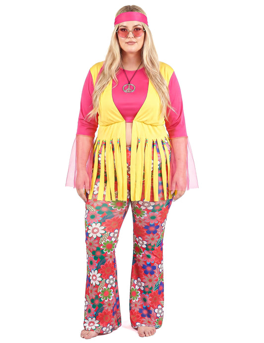 Hippie Kostüm für Damen Plus Size rosa-gelb