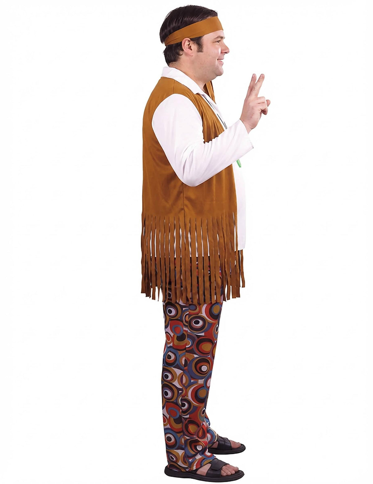 Seitenansicht des Braun- und Weiß-Hippie-Kostüms für Herren