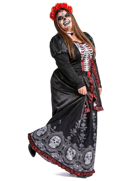 Dia de los muertos Damenkostüm in Übergröße für Frauen schwarz
