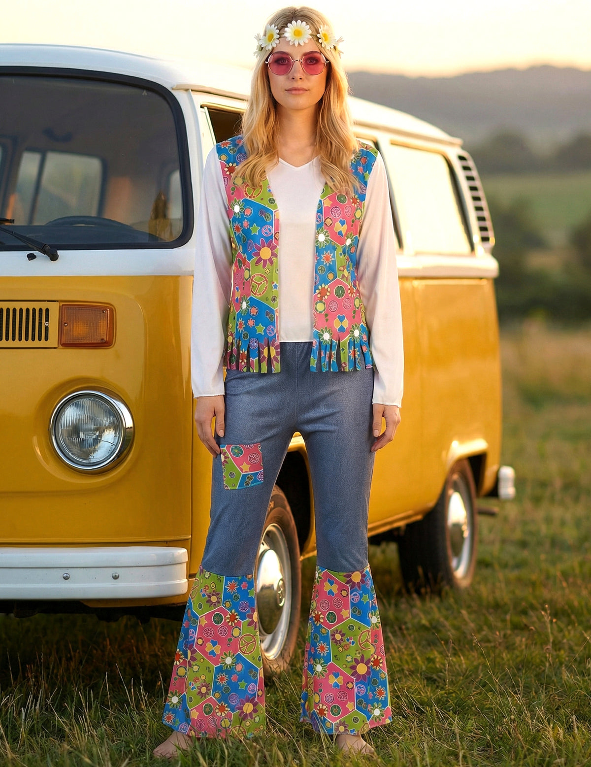 Mise en situation du déguisement hippie peace and love pour femme devant un van jaune
