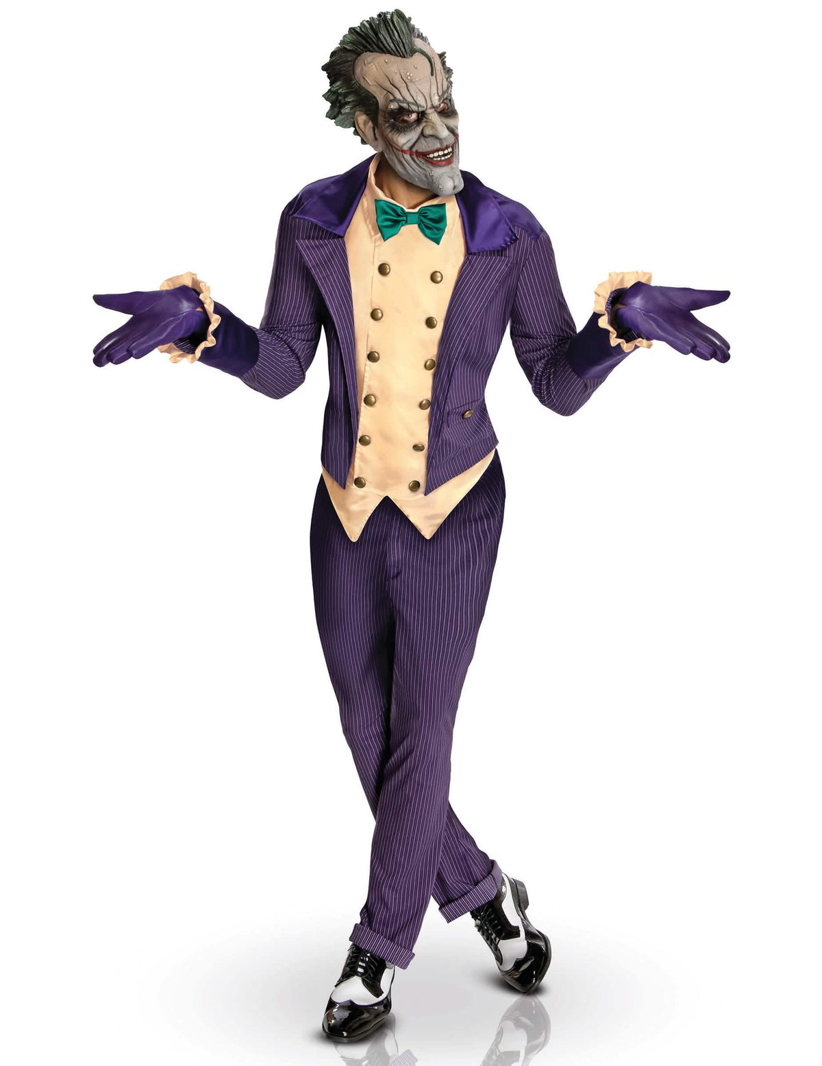 Joker™-Kostüm Arkham City™ für Erwachsene, Violett mit Streifen, mit Maske und Gelb Weste