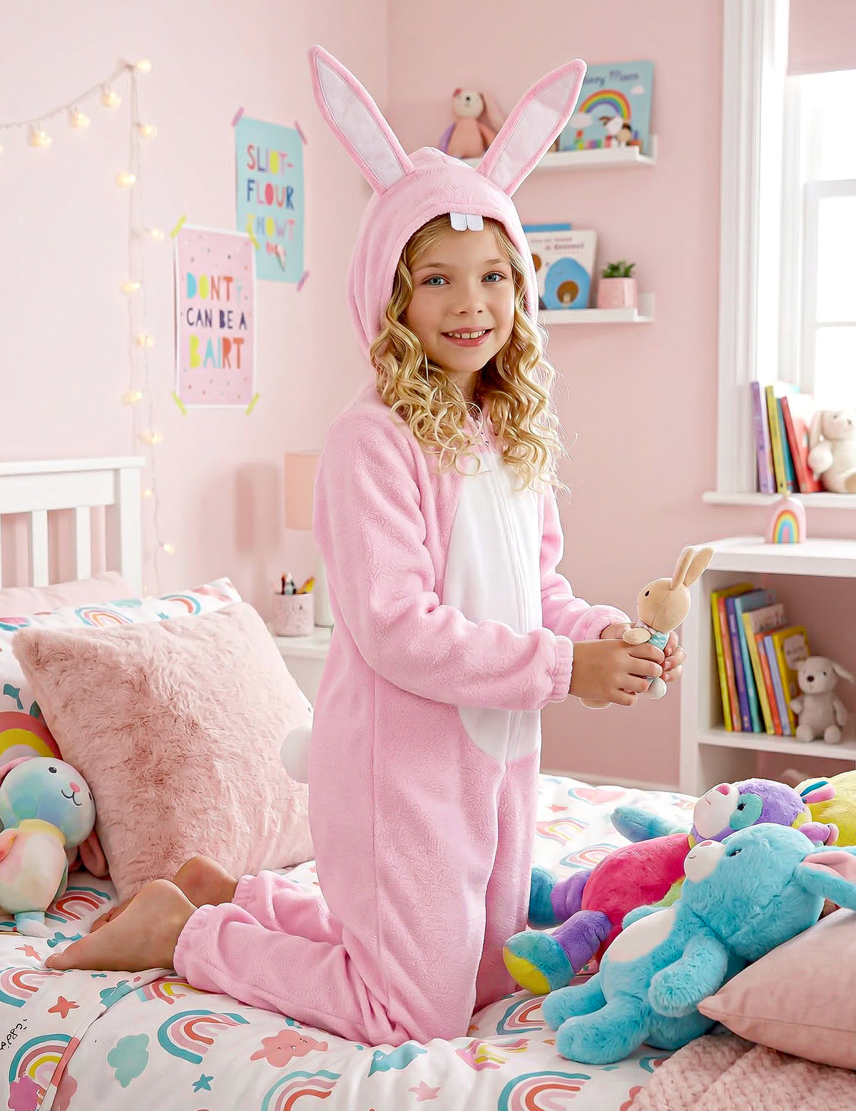 Vue agenouillée du déguisement de lapin pour enfant