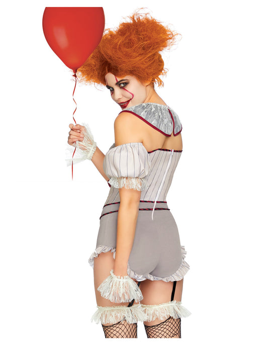 Rückansicht des luxuriösen Kostüms einer sexy Killer-Clownin