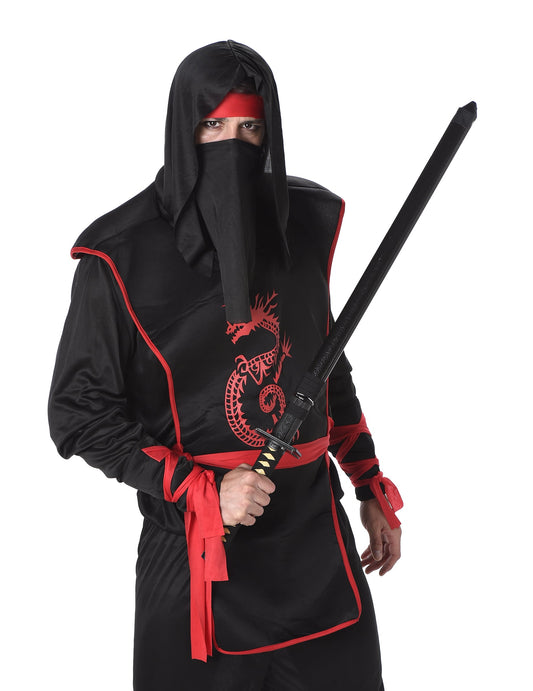 Gros plan sur le masque et le sabre du déguisement ninja pour homme
