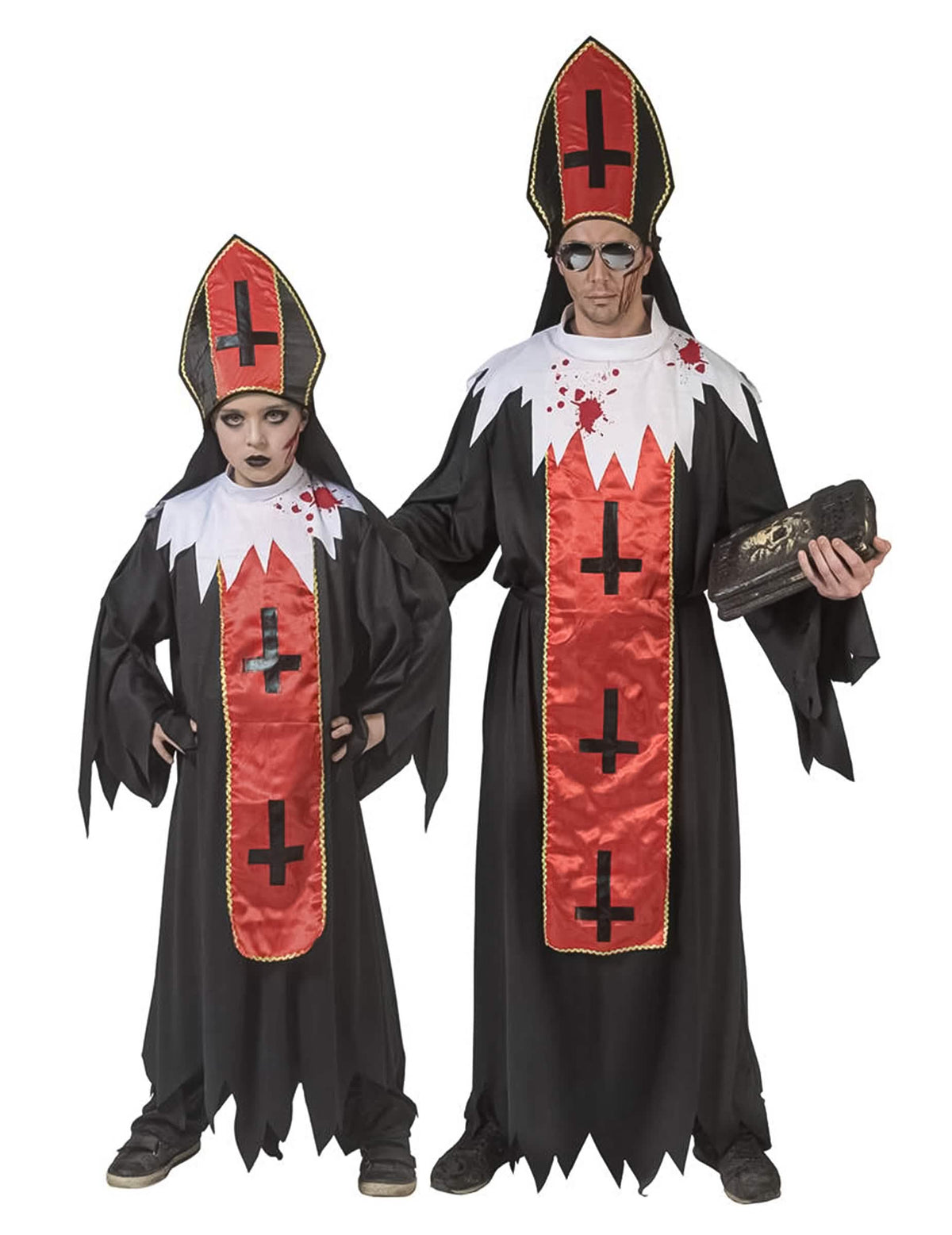 Duo Erwachsene und Kinder des Horror-Papst-Kostüms für Erwachsene