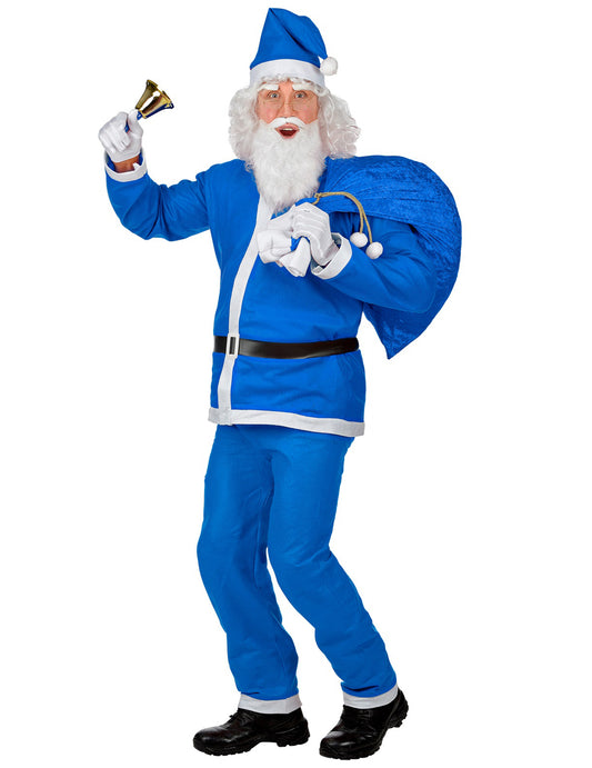 Vue de face du déguisement de Père Noël bleu pour homme