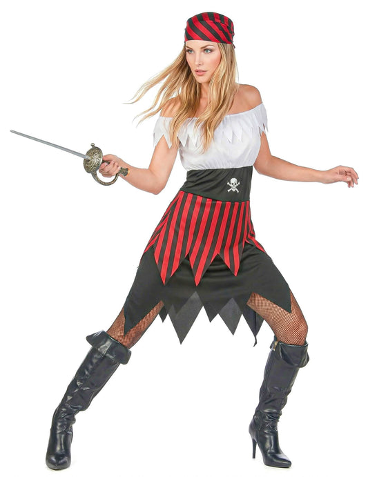 Freibeuterin-Kostüm mit Fransen für Damen schwarz-weiss-rot