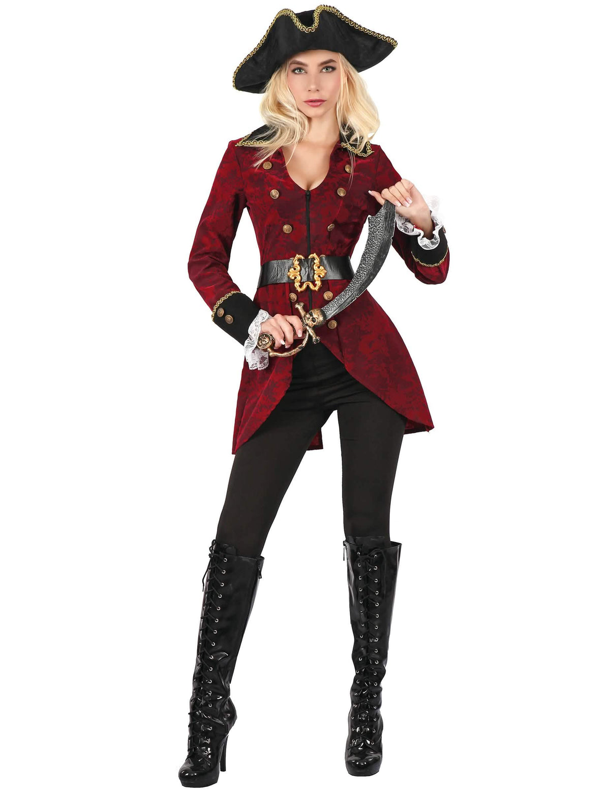 Déguisement de pirate pour femme rouge et noir avec chapeau