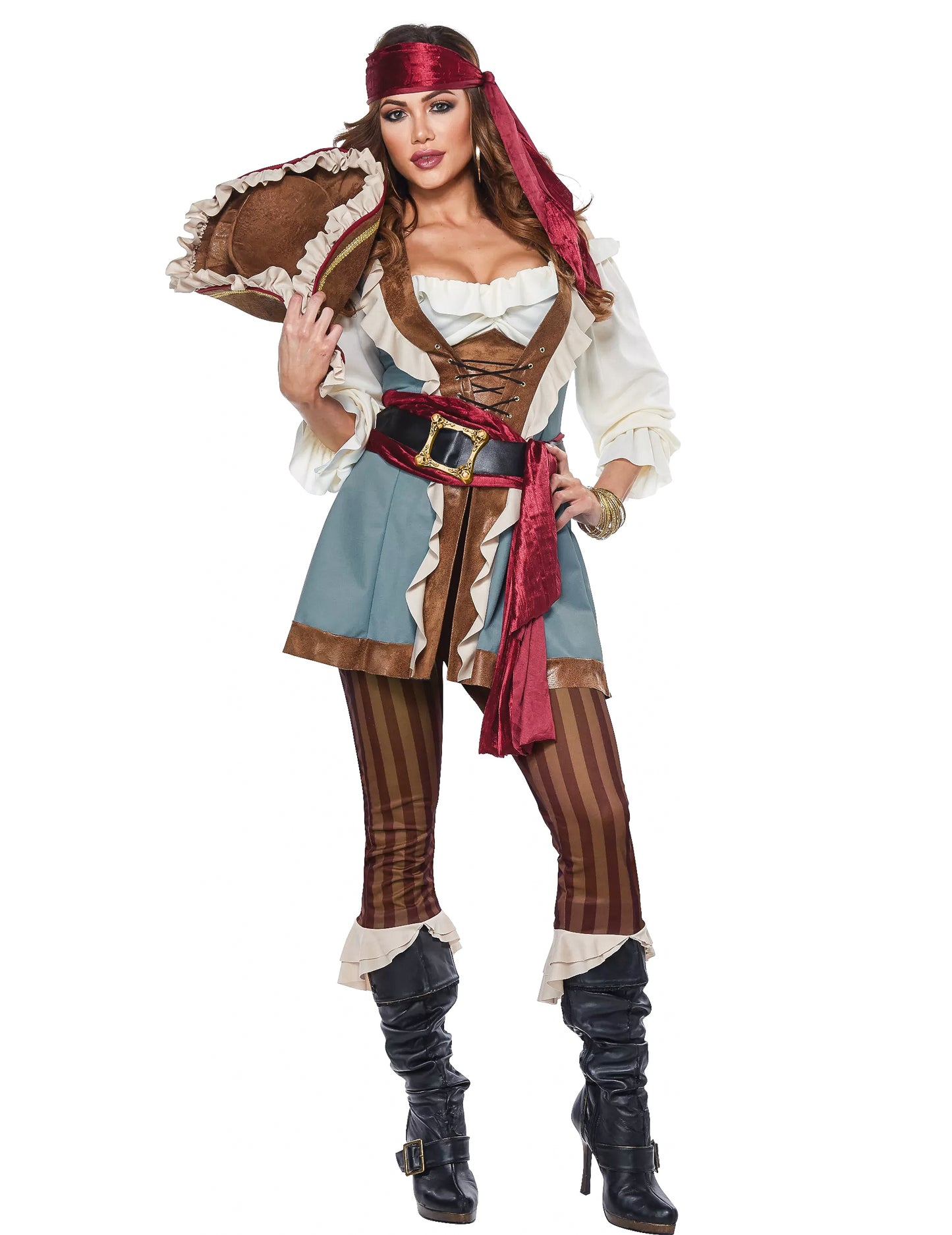 Stilvolles Piratinnen-Damenkostüm für Karneval Freibeuterin braun-blau-weiss