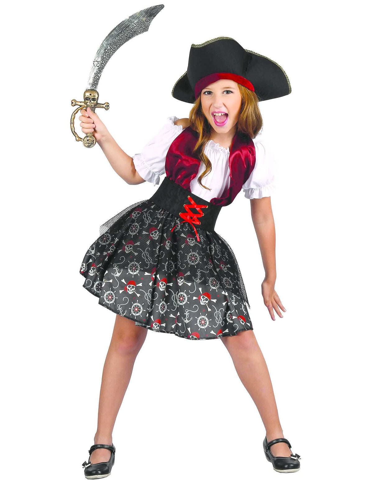 Déguisement pirate imprimé tête de mort pour fille noir rouge et blanc avec chapeau