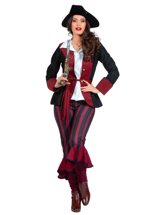 Luxuriöses schwarzes und bordeauxrotes Piratenkostüm für Damen