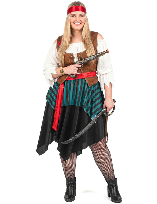 Piraten-Damenkostüm in Übergröße Karnevals-Verkleidung XXL blau-schwarz-braun-rot