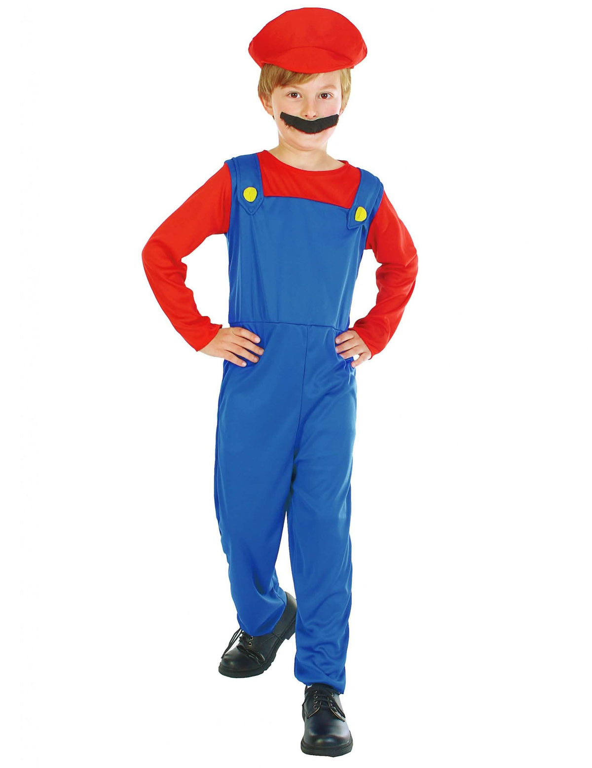 Klempnerkostüm für Jungen Rot und Blau mit Kappe und Schnurrbart