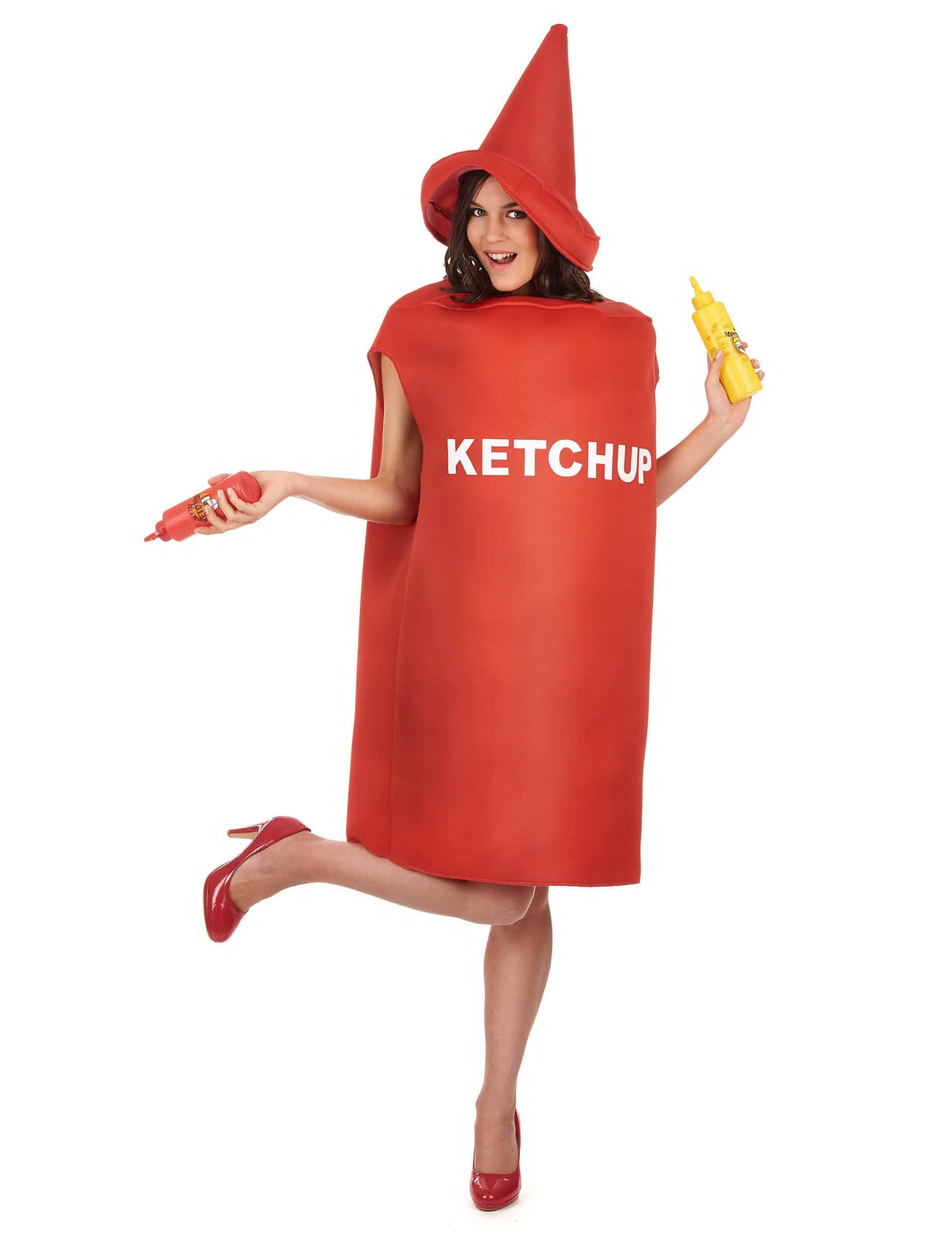 Vue d'ensemble avec accessoires du déguisement pot de ketchup