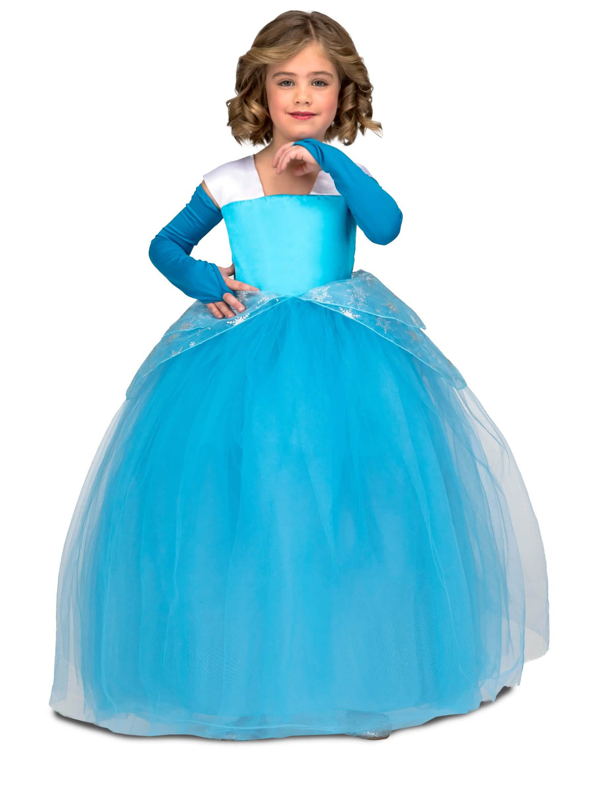 Déguisement princesse de bal pour fille bleu avec jupon en tulle et gants longs