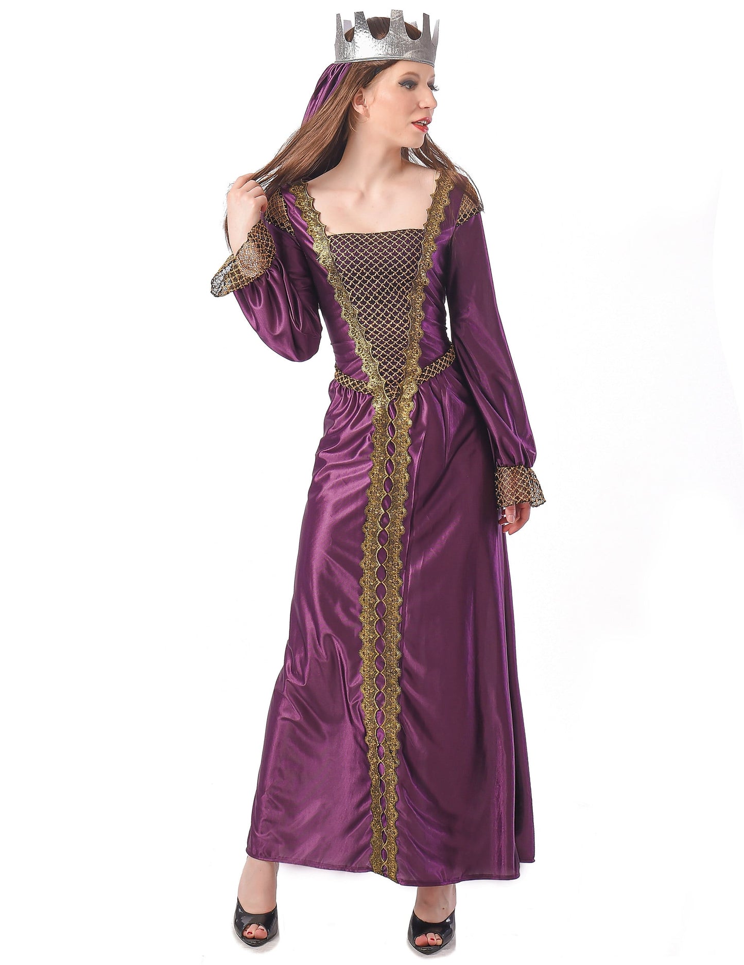Déguisement de princesse médiévale pour femme violet et doré avec couronne
