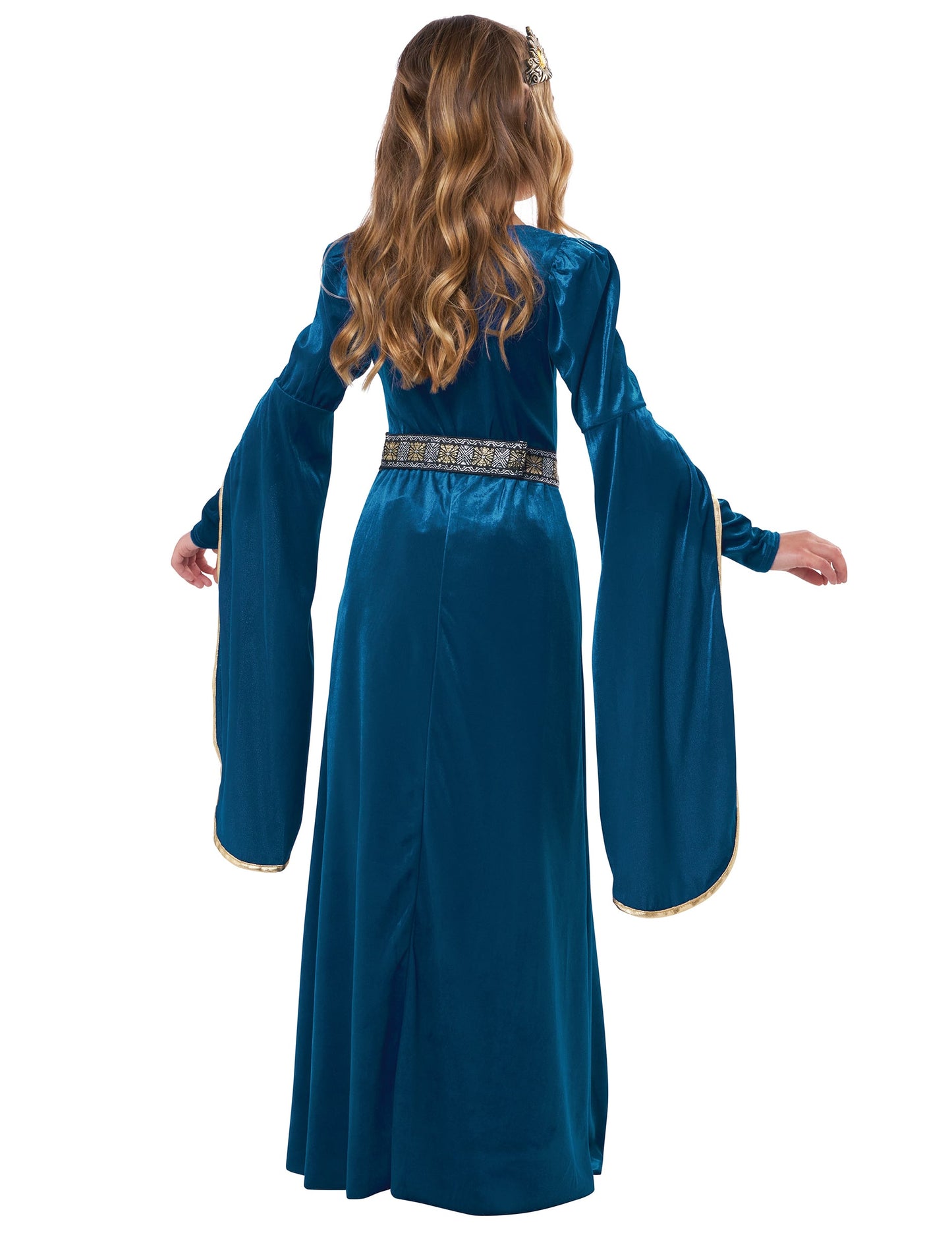 Déguisement de princesse médiévale velours luxe pour fille bleu avec détails dorés