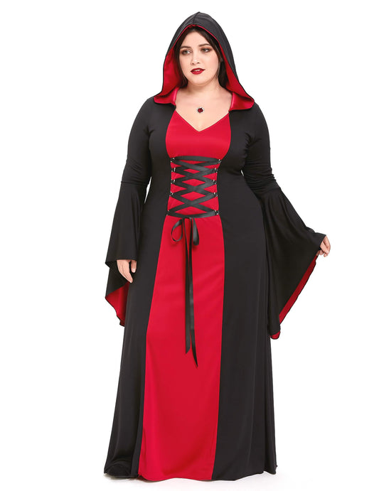 Vue de face du déguisement robe maléfique à capuche