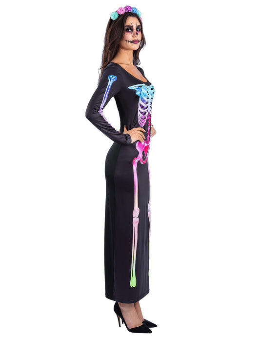 Buntes Skelett-Kostüm für Damen langes Kleid