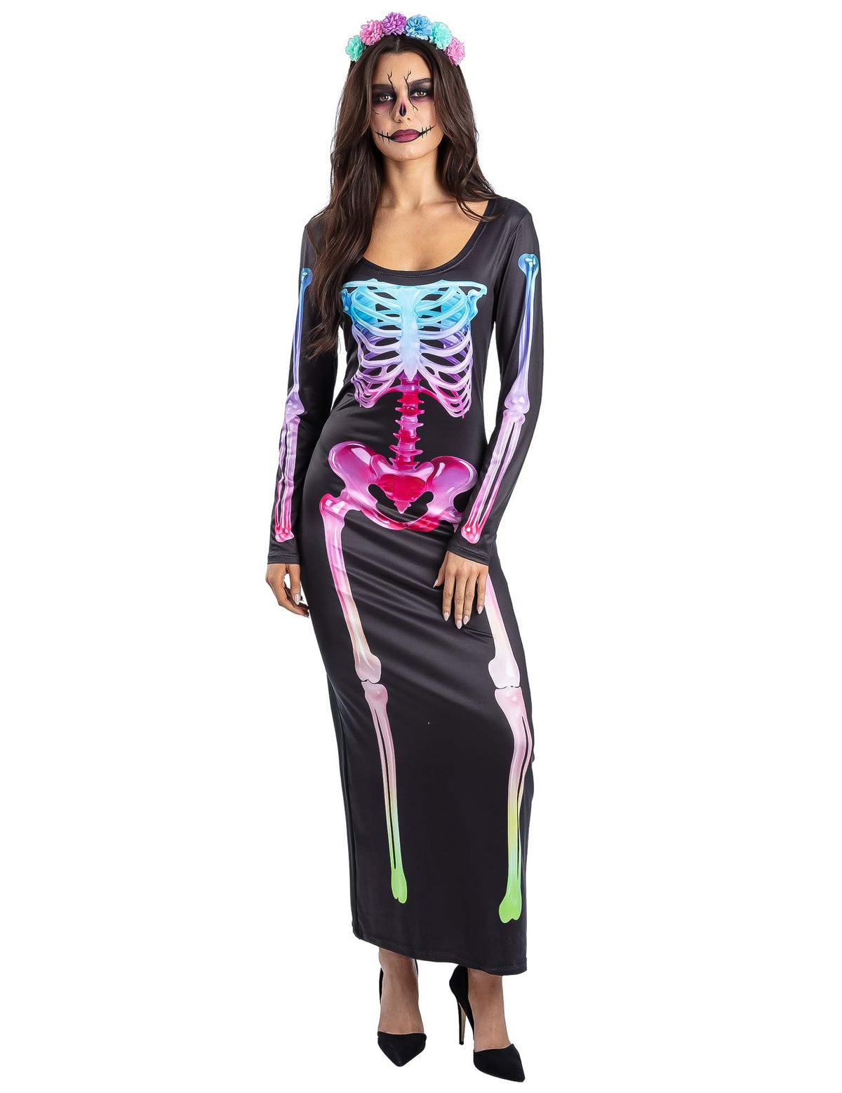 Buntes Skelett-Kostüm für Damen langes Kleid