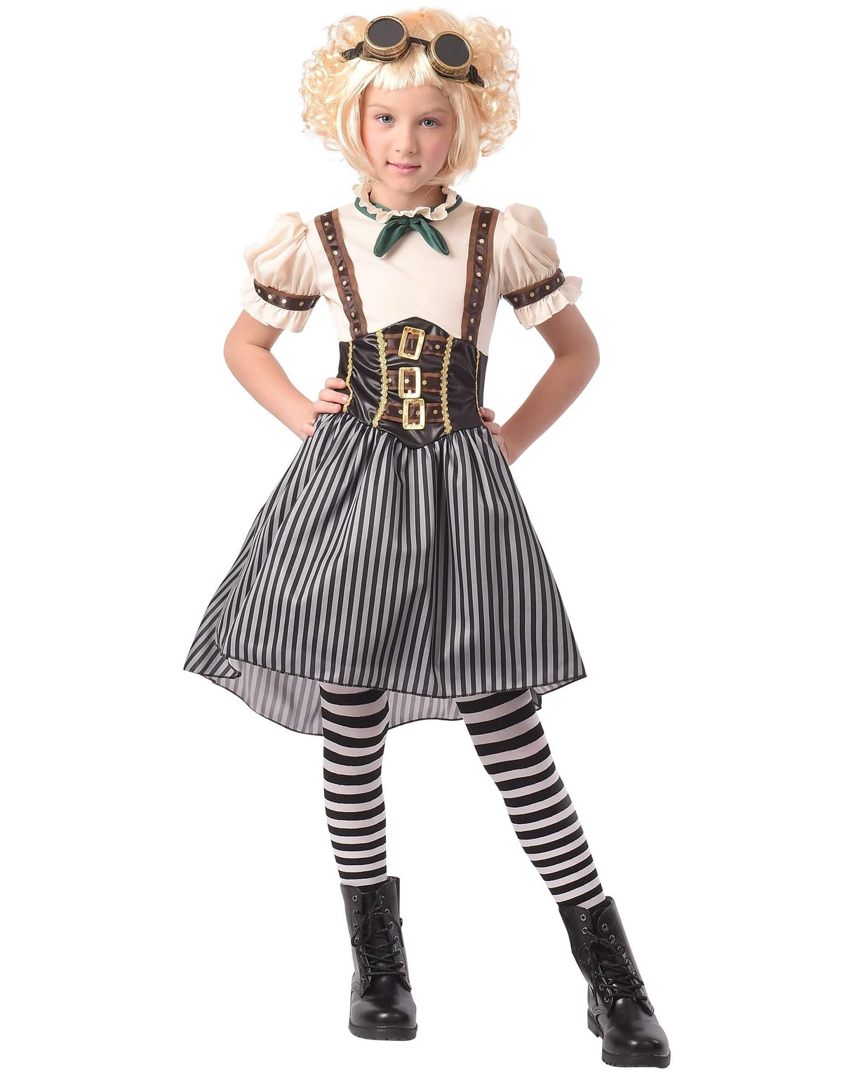 Steampunk-Verkleidung für Mädchen mit schwarzen und weißen Streifen mit Korsett und Brillen