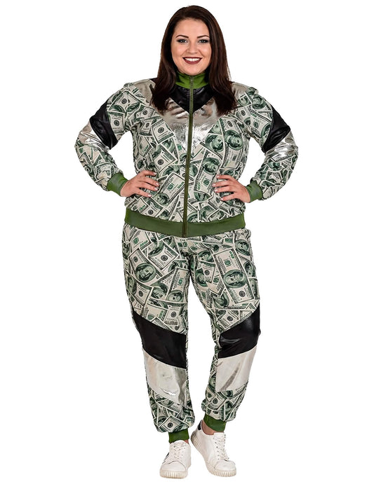 Vue de face portée par une femme du déguisement survêtement billet dollar