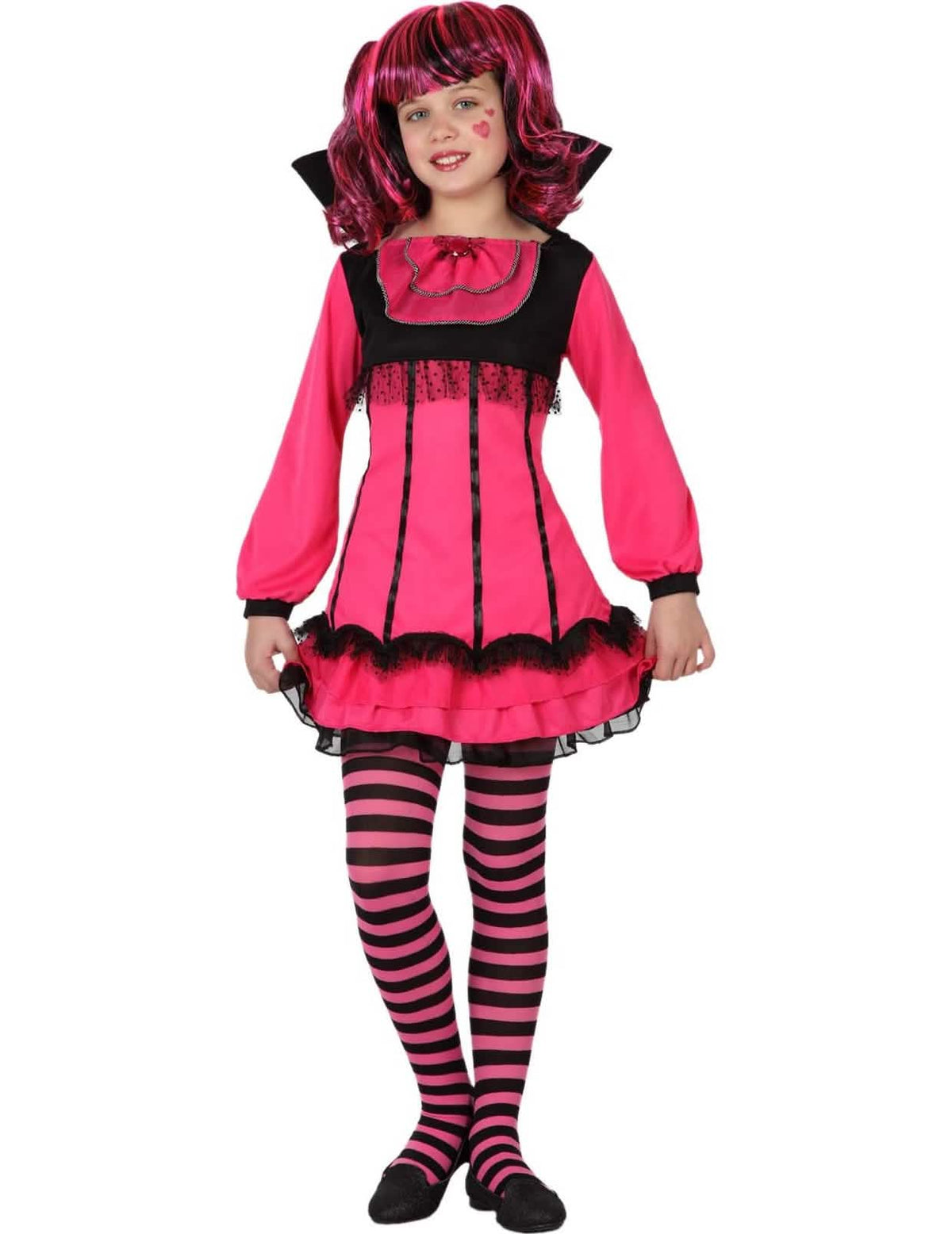 Vampirkostüm für Mädchen Rosa, Pink und Schwarz mit Kragen und gestreiften Strumpfhosen