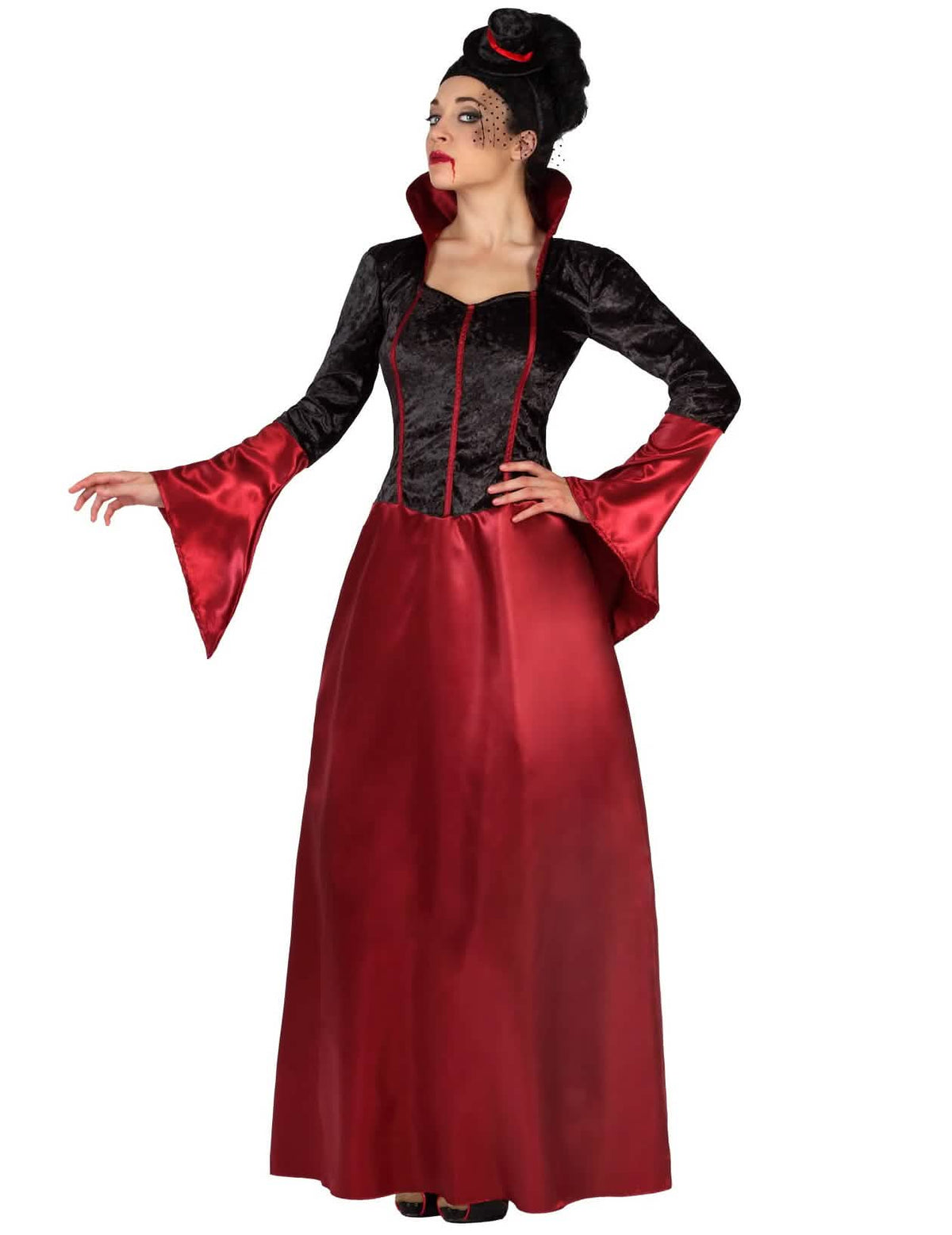 Vampirkostüm für Damen Rot und Schwarz mit Stehkragen