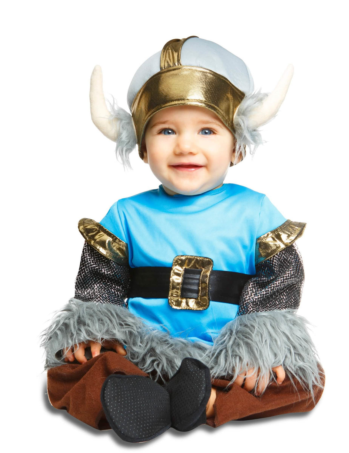 Wikinger-Kostüm für Baby Blau und Farbe Gold mit Helm mit Hörnern