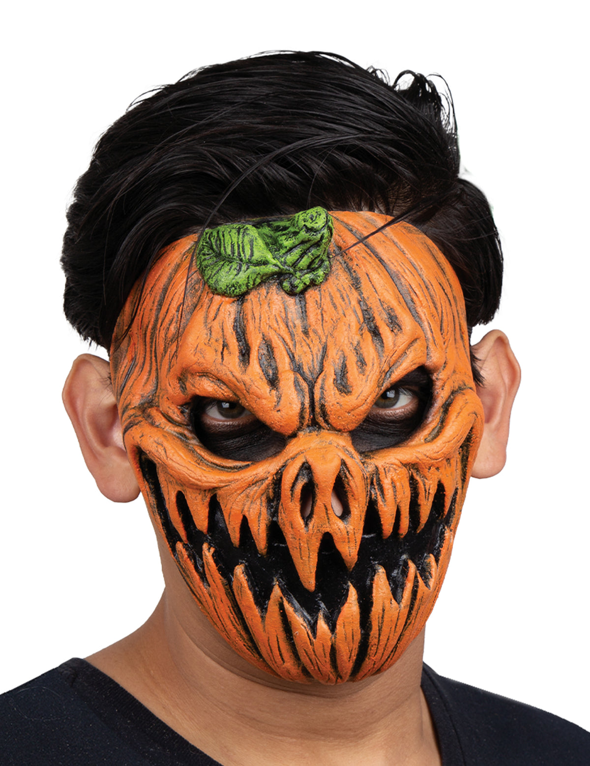 Halbmaske Kürbis mit Spuk für Erwachsene orange und Schwarz mit grünem Blatt