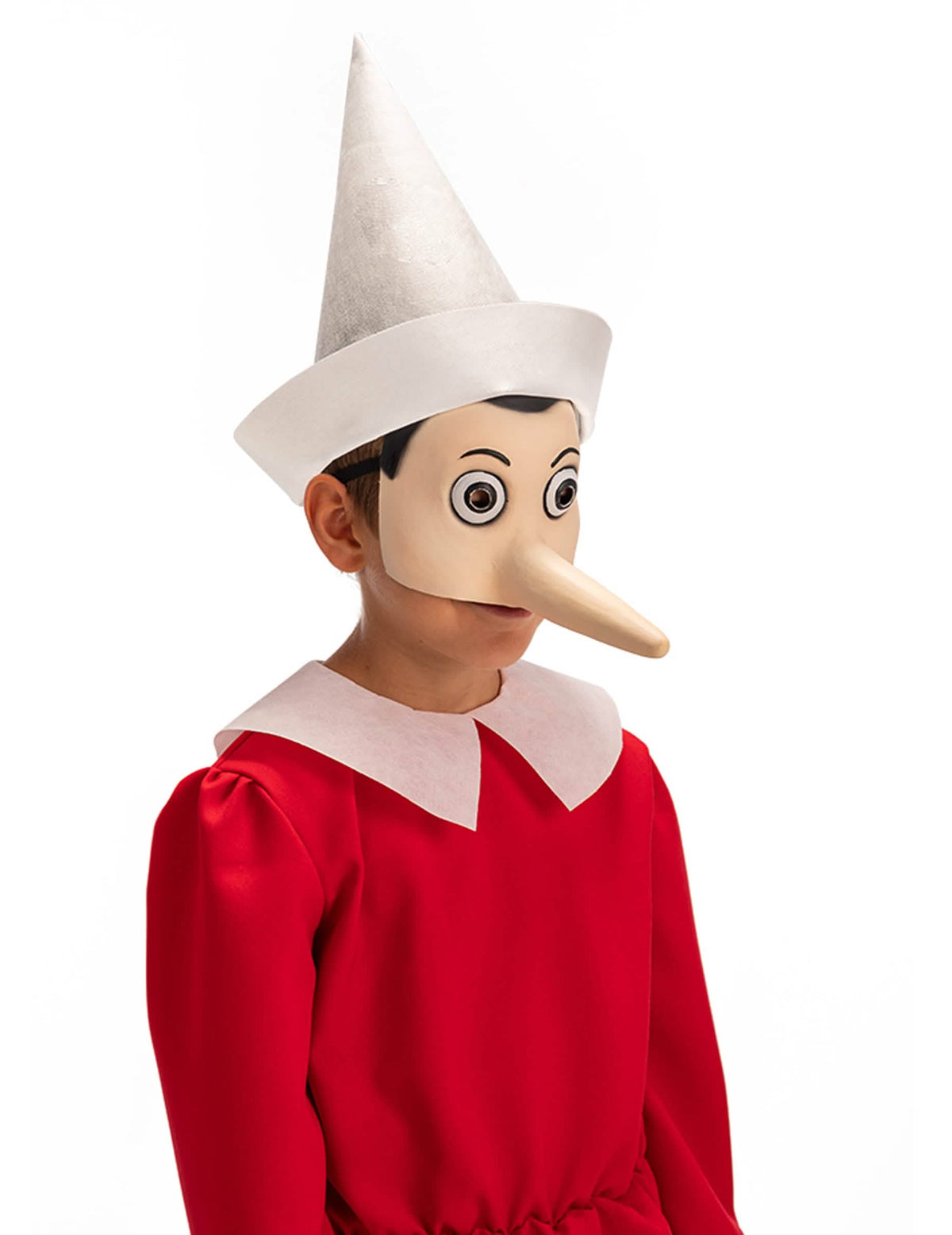 Halbmaske aus Latex Pinocchio für Erwachsene beige mit langer Nase und Weißem Hut